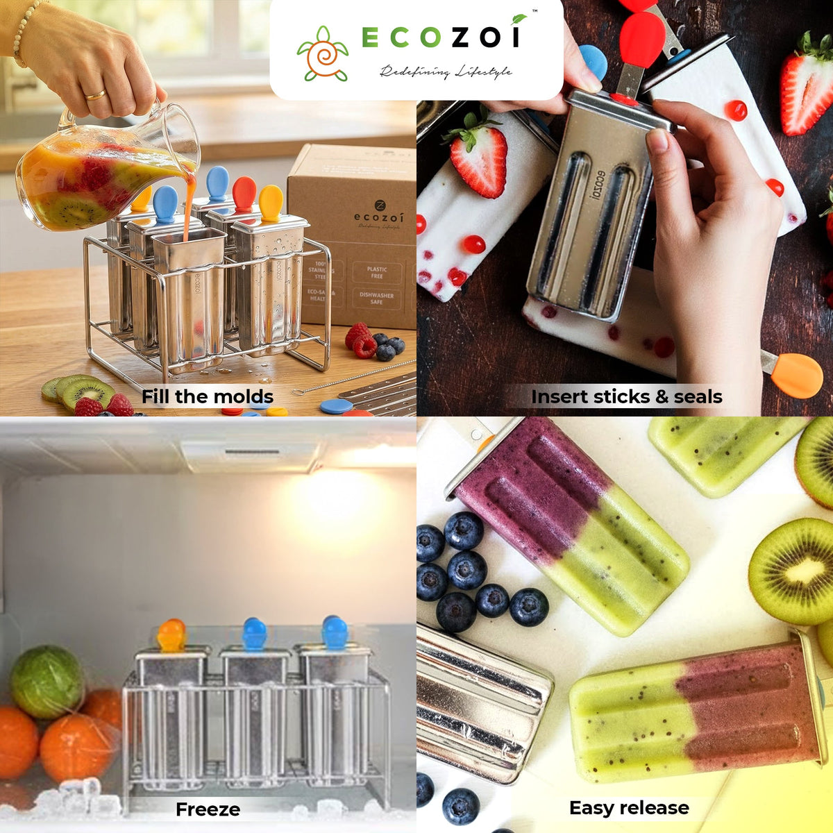 Stainless Steel Popsicle Molds and Rack, Square Shape, Steel Sticks