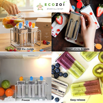 Stainless Steel Popsicle Molds and Rack, Square Shape, Steel Sticks