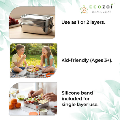 STAINLESS STEEL LUNCH BOX, 2 TIER Leak Proof, 3 COMPARTMENTS, 60 OZ
