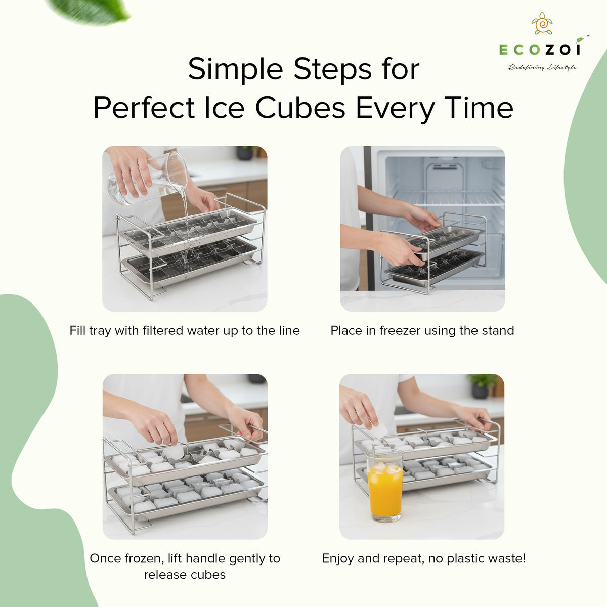 Stainless Steel Ice Cube Trays with Easy Release Handle, 2 Pack with Rack