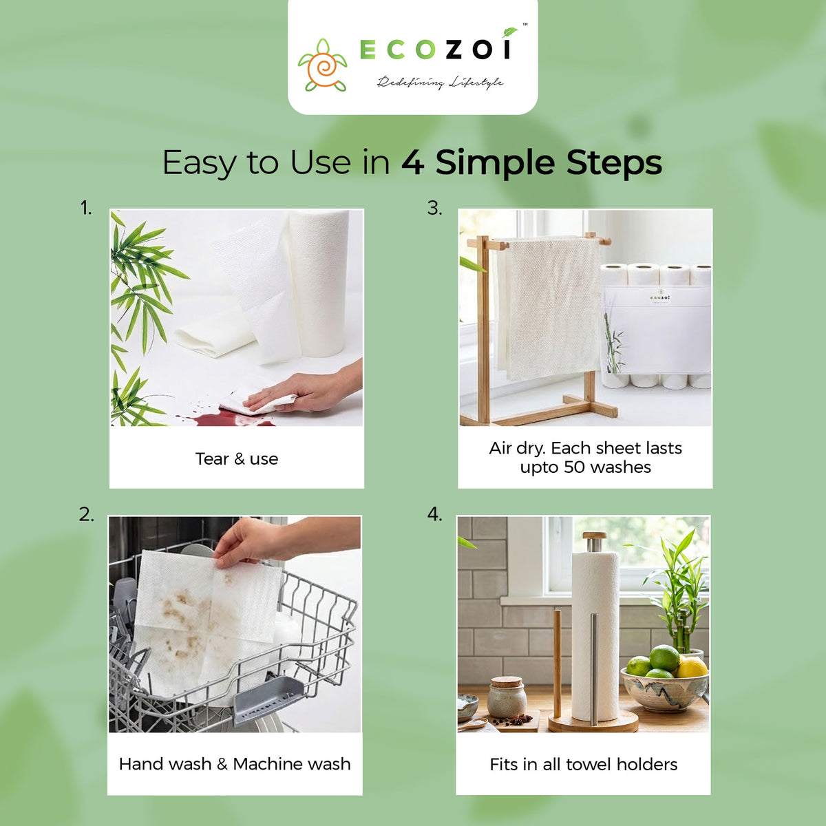 Reusable Bamboo Kitchen Paper Towels - Tree-Free, Eco-Friendly Rolls, 4-Pack