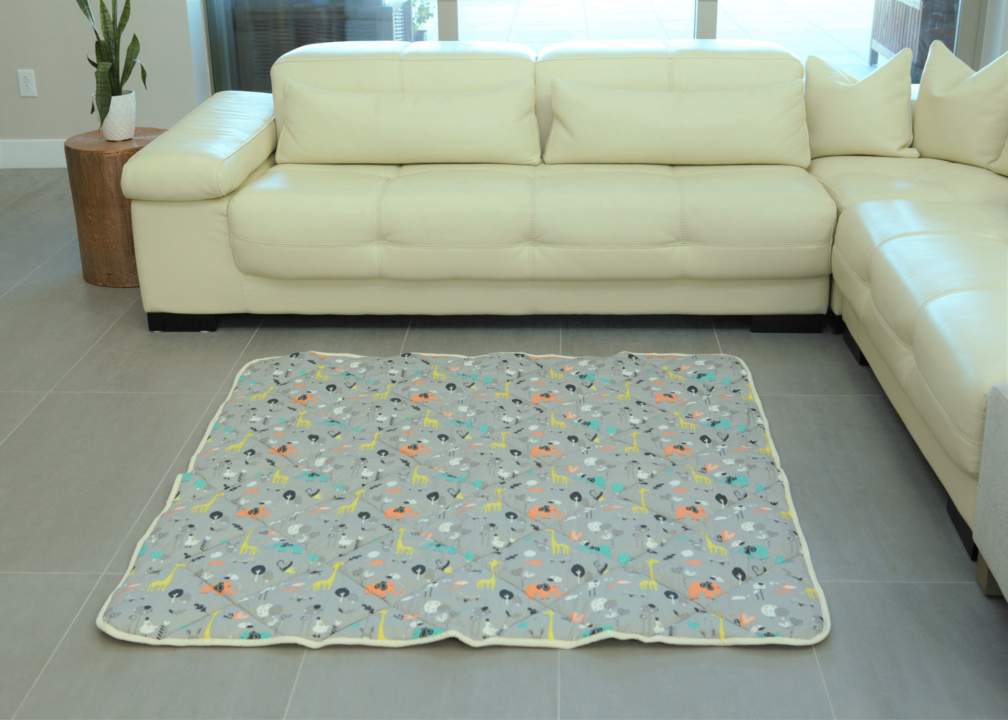 Organic Cotton Play Mat/Quilted Blanket - Safari Dream/Pink Pebbles Reversible