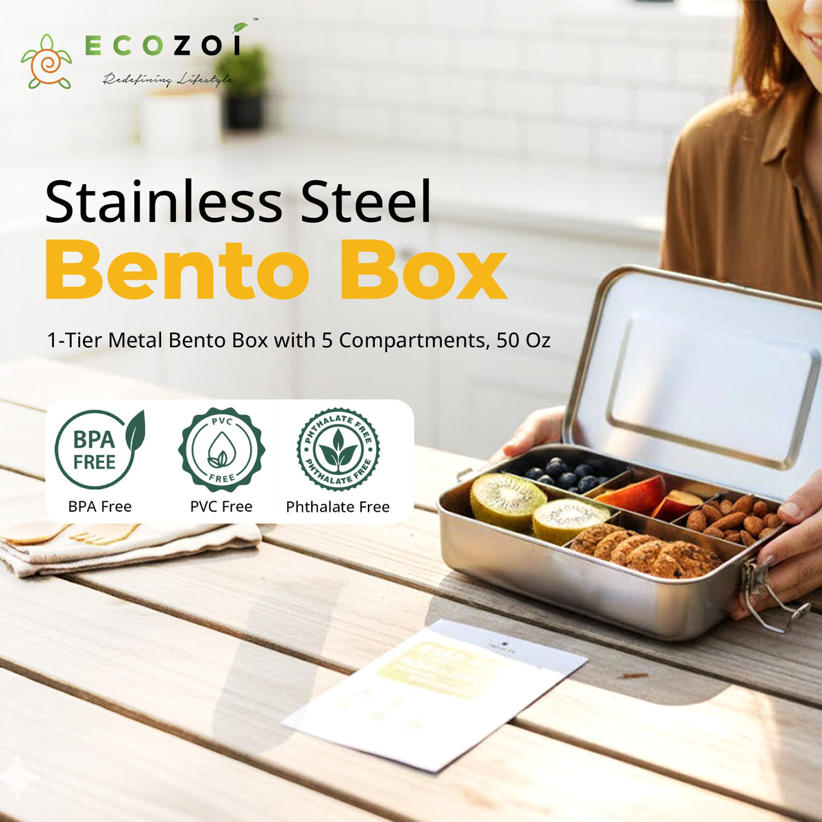 Stainless Steel Lunch Box, 5 Compartment, Leak Proof, 50 Oz