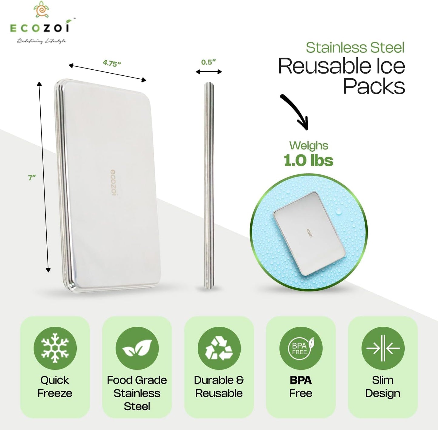 Stainless Steel Freezer PACKS FOR LUNCH Boxes and Lunch Bags, 2 Pack