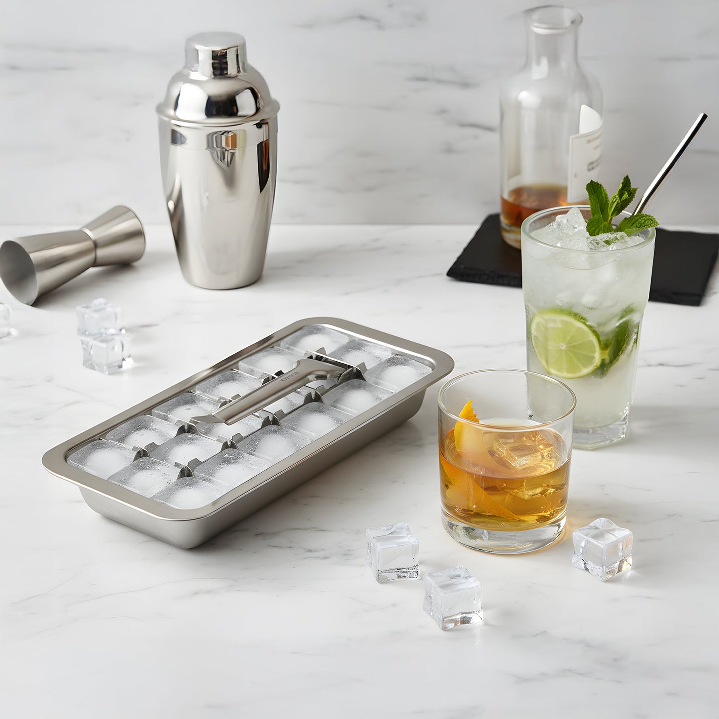 Stainless Steel Ice Cube Trays with Easy Release Handle, 2 Pack with Rack