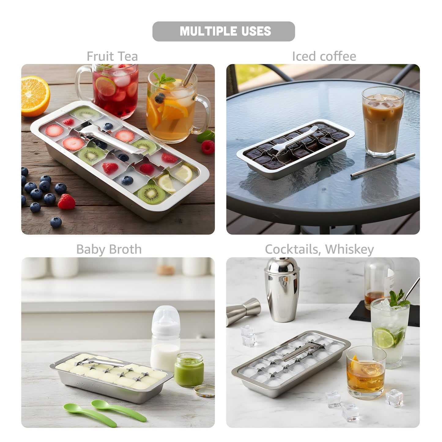 Stainless Steel Ice Cube Trays with Easy Release Handle, 2 Pack with Rack