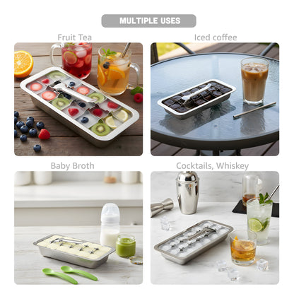 Stainless Steel Ice Cube Trays with Easy Release Handle, 2 Pack with Rack