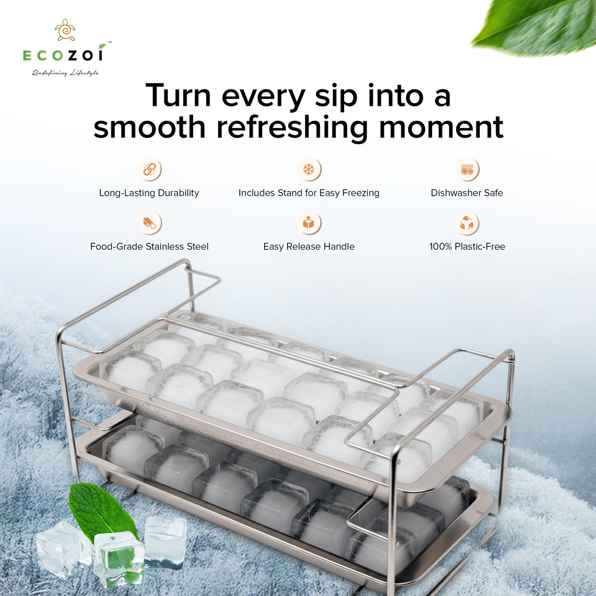Stainless Steel Ice Cube Trays with Easy Release Handle, 2 Pack with Rack