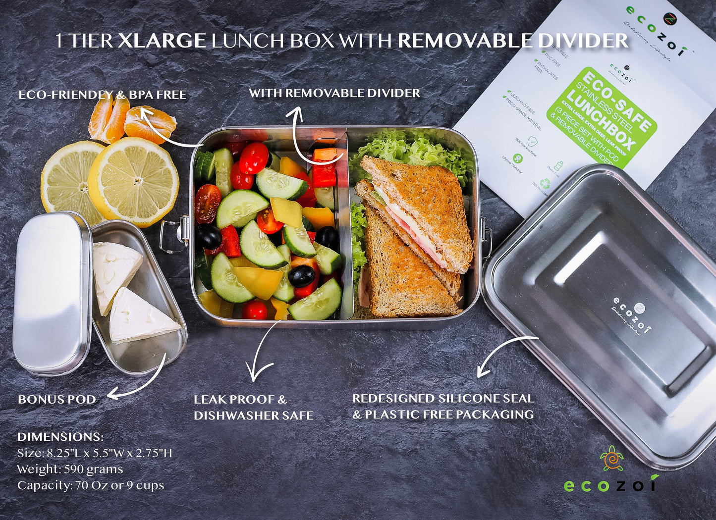 Stainless Steel Lunch Box with Removable Divider, 1 Tier Leak Proof, 60 Oz