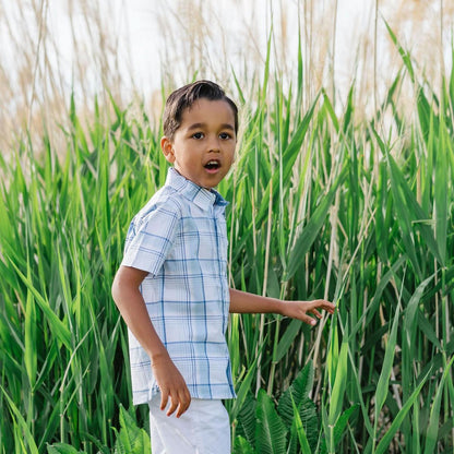 Stretch Short Sleeve Button Down Shirt - Classic Blue Tonal Plaid