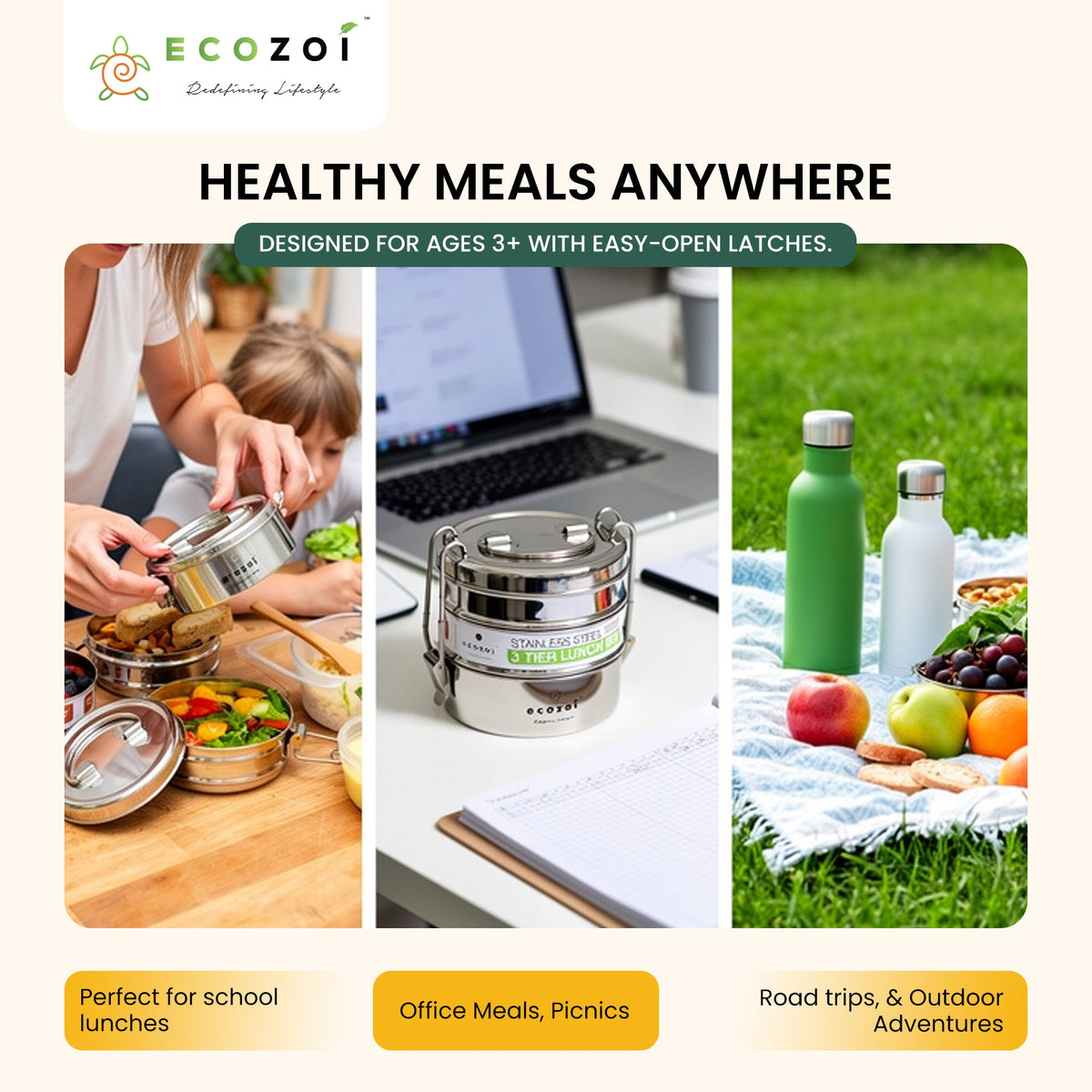 Stainless Steel Lunch Box, 3 Tier Round with Spork, 40 Oz