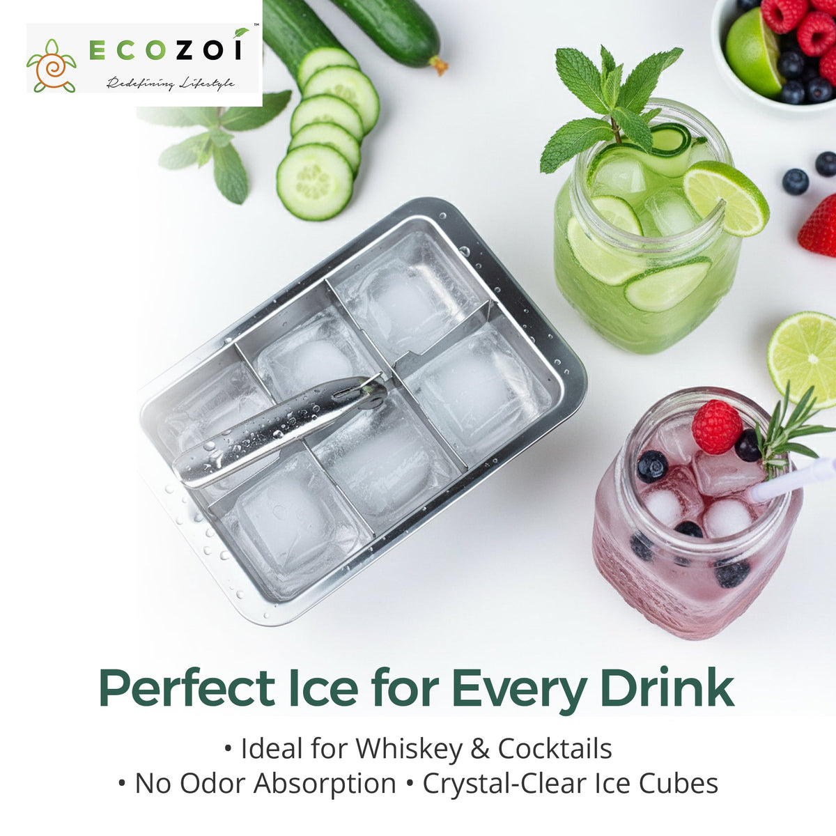 Ecozoi Stainless Steel Ice Cube Trays with Easy Release, 2 Pack, 12 Large Cubes