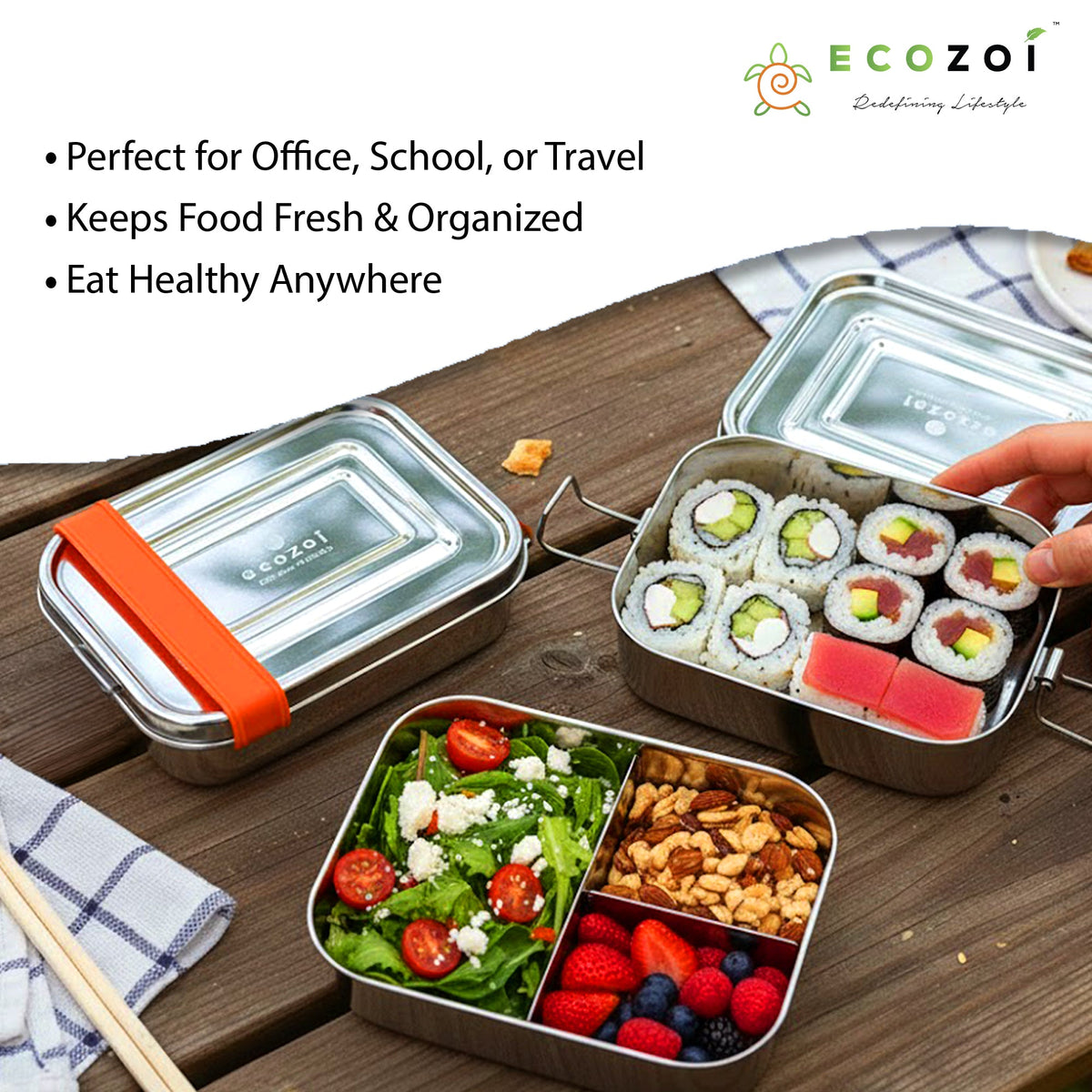 STAINLESS STEEL LUNCH BOX, 2 TIER Leak Proof, 3 COMPARTMENTS, 60 OZ