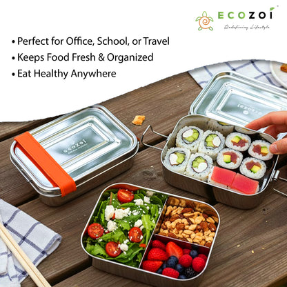 STAINLESS STEEL LUNCH BOX, 2 TIER Leak Proof, 3 COMPARTMENTS, 60 OZ