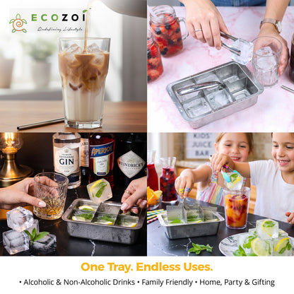 Ecozoi Stainless Steel Ice Cube Trays with Easy Release, 2 Pack, 12 Large Cubes