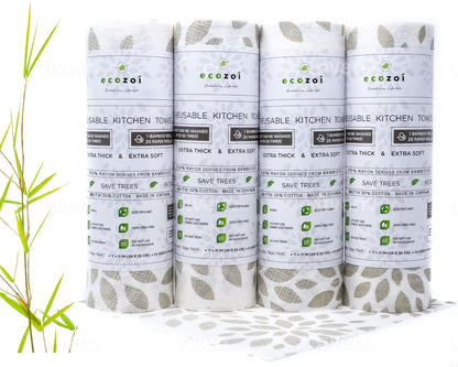 Ecozoi Bamboo Reusable Paper Towels for Kitchen, Tree-Free Rolls with Design, 4 Pack