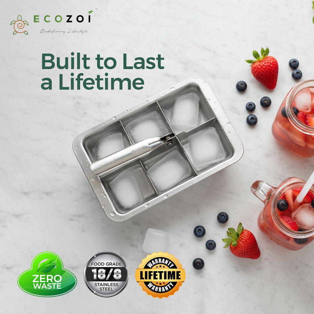 Ecozoi Stainless Steel Ice Cube Trays with Easy Release, 2 Pack, 12 Large Cubes