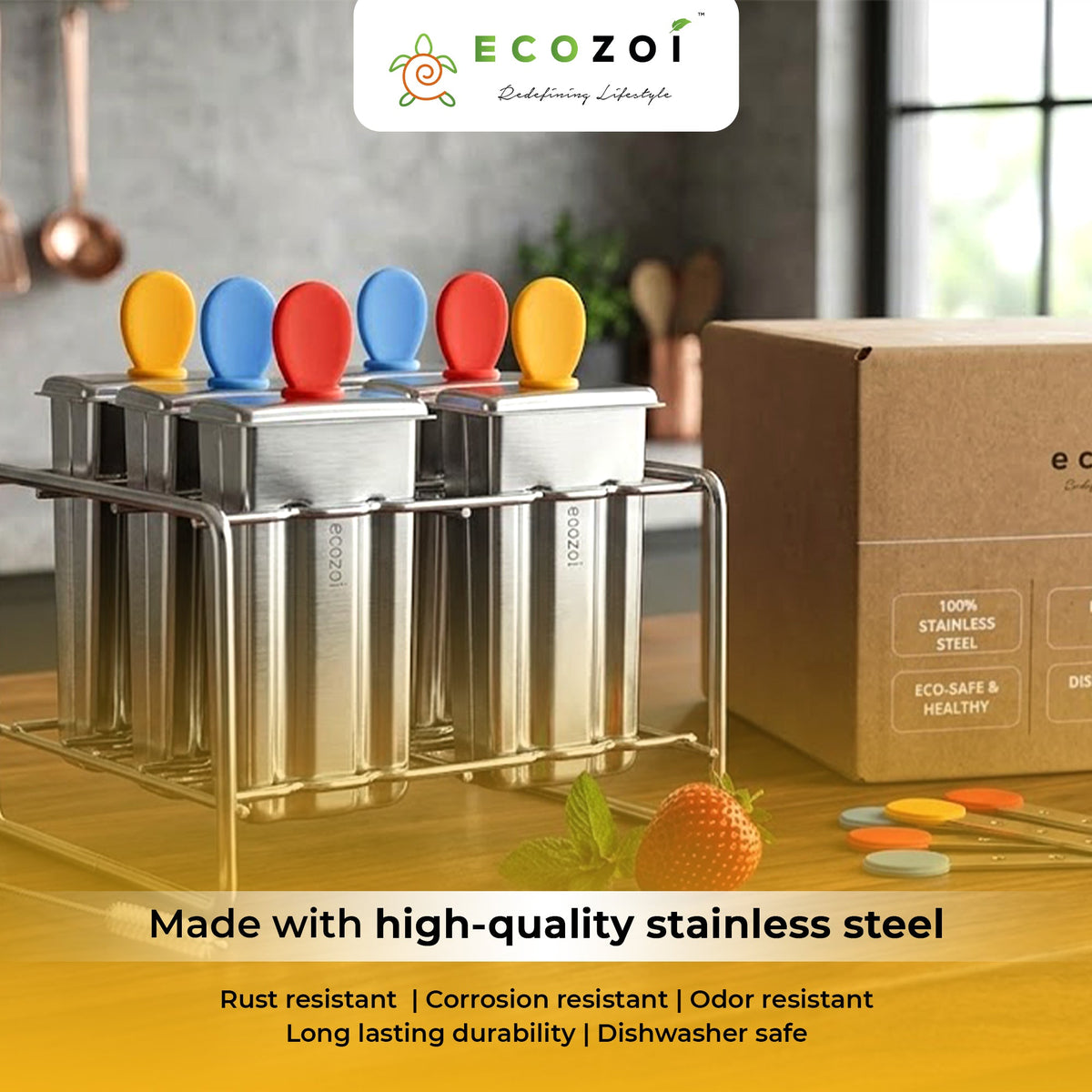 Stainless Steel Popsicle Molds and Rack, Square Shape, Steel Sticks