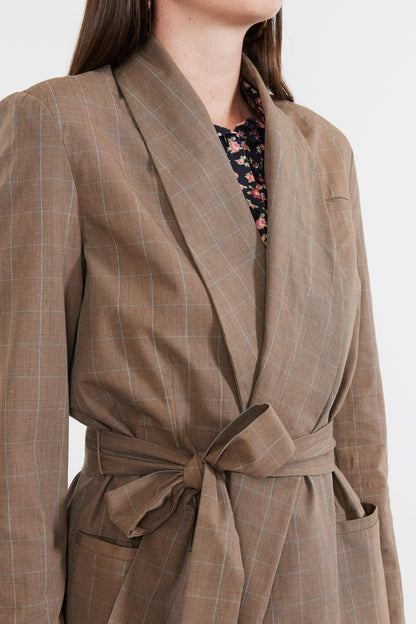 Blazer With Waist Tie - Coco Check with Baby Blue Pinstripe