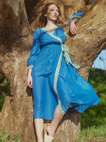 Rachael Wrap Midi Robe - Deep Pool/Ivory/Grassy Knoll Ditsy Floral