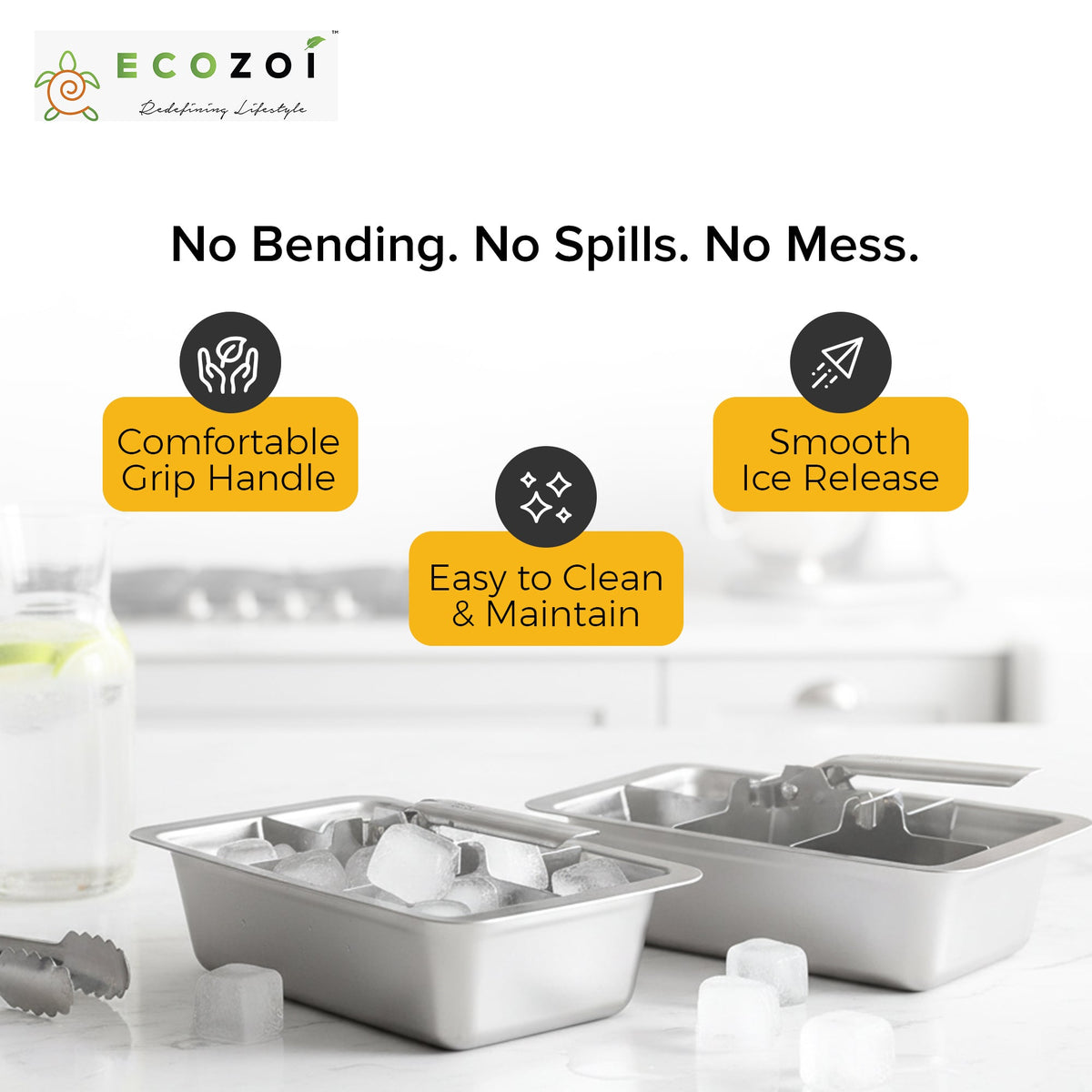 Ecozoi Stainless Steel Ice Cube Trays with Easy Release, 2 Pack, 12 Large Cubes