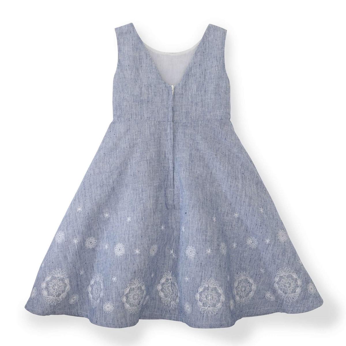 Fit and Flare Dress with Embroidered Hem - Blue Micro Stripe