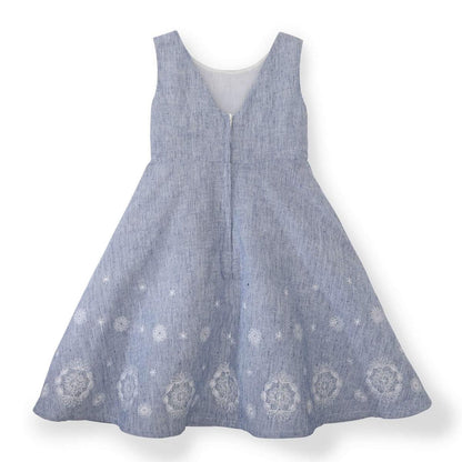 Fit and Flare Dress with Embroidered Hem - Blue Micro Stripe