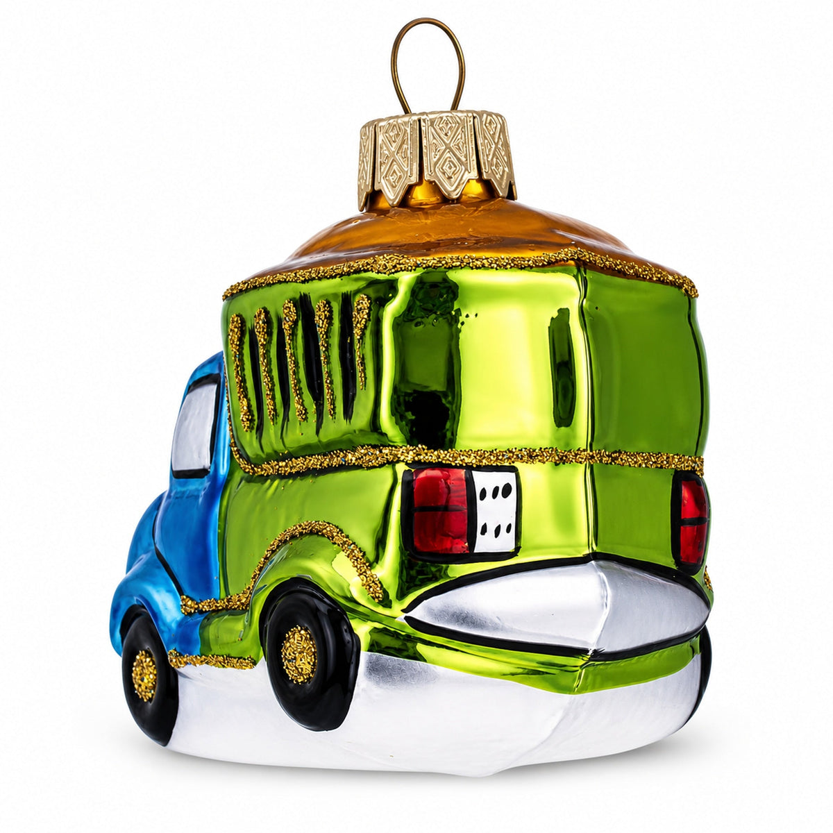 Blue and Green Dump Truck Mini Glass Christmas Ornament