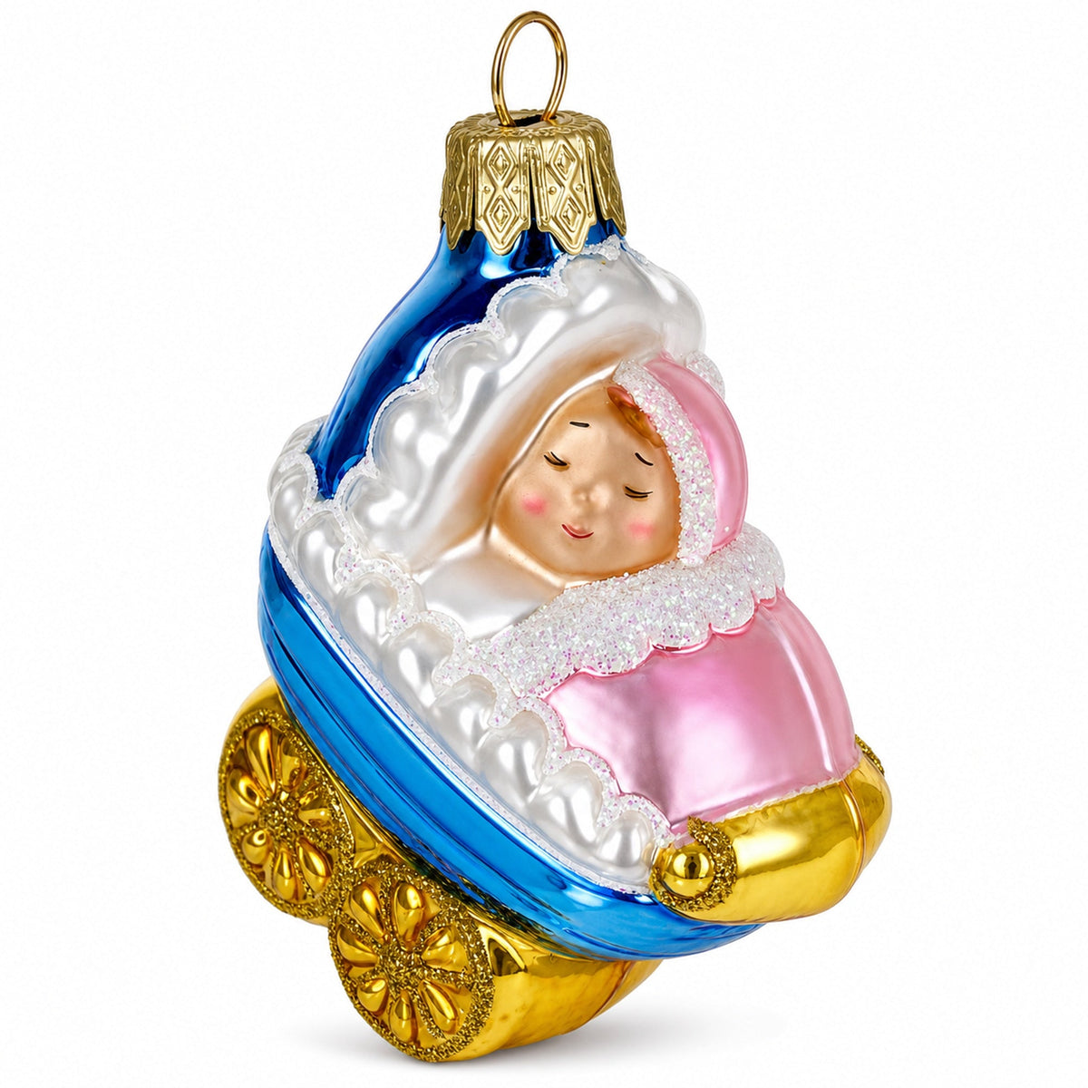 Newborn Baby Girl Wrapped in Blanket Inside a Stroller Glass Christmas Ornament