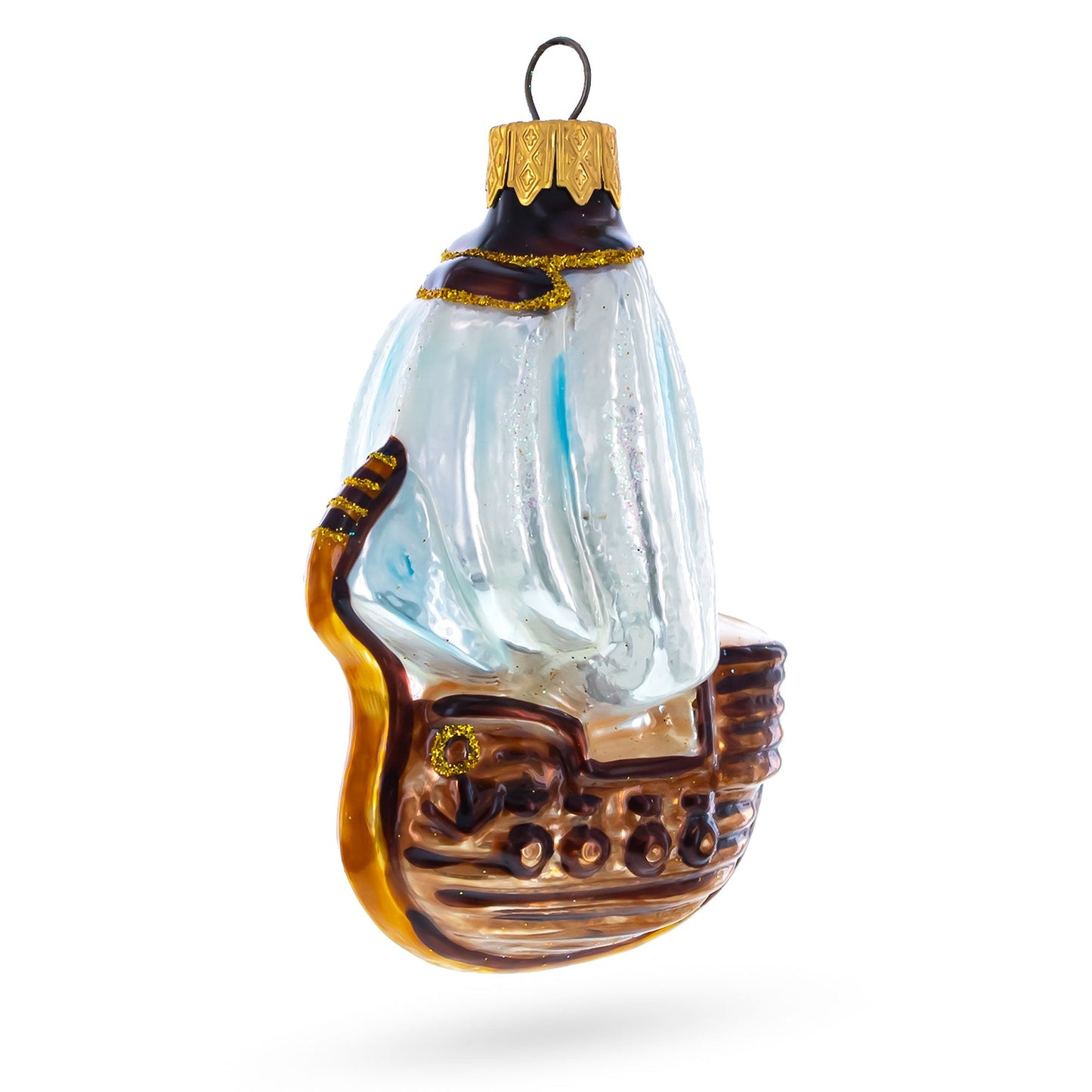 Wooden Sailboat with Billowing White Sails Glass Christmas Ornament