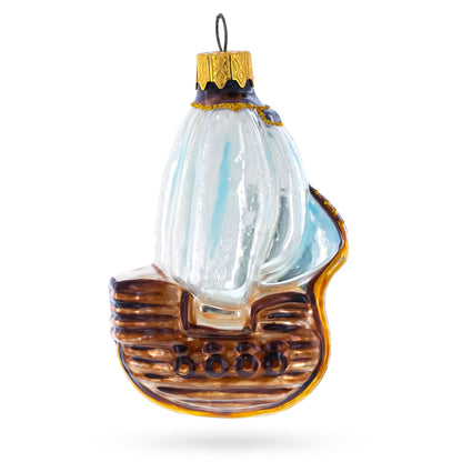 Wooden Sailboat with Billowing White Sails Glass Christmas Ornament