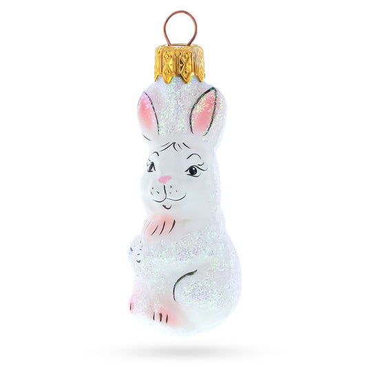 Glitter White Bunny Glass Christmas Ornament