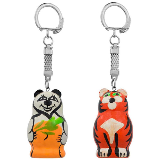 Set of Tiger and Panda Wooden Key Chains 1.75 Inches