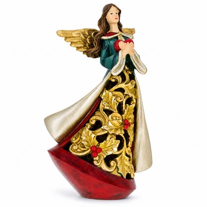 Guardian Angel Holding a Red Heart LED Lights Figurine 11.5 Inches