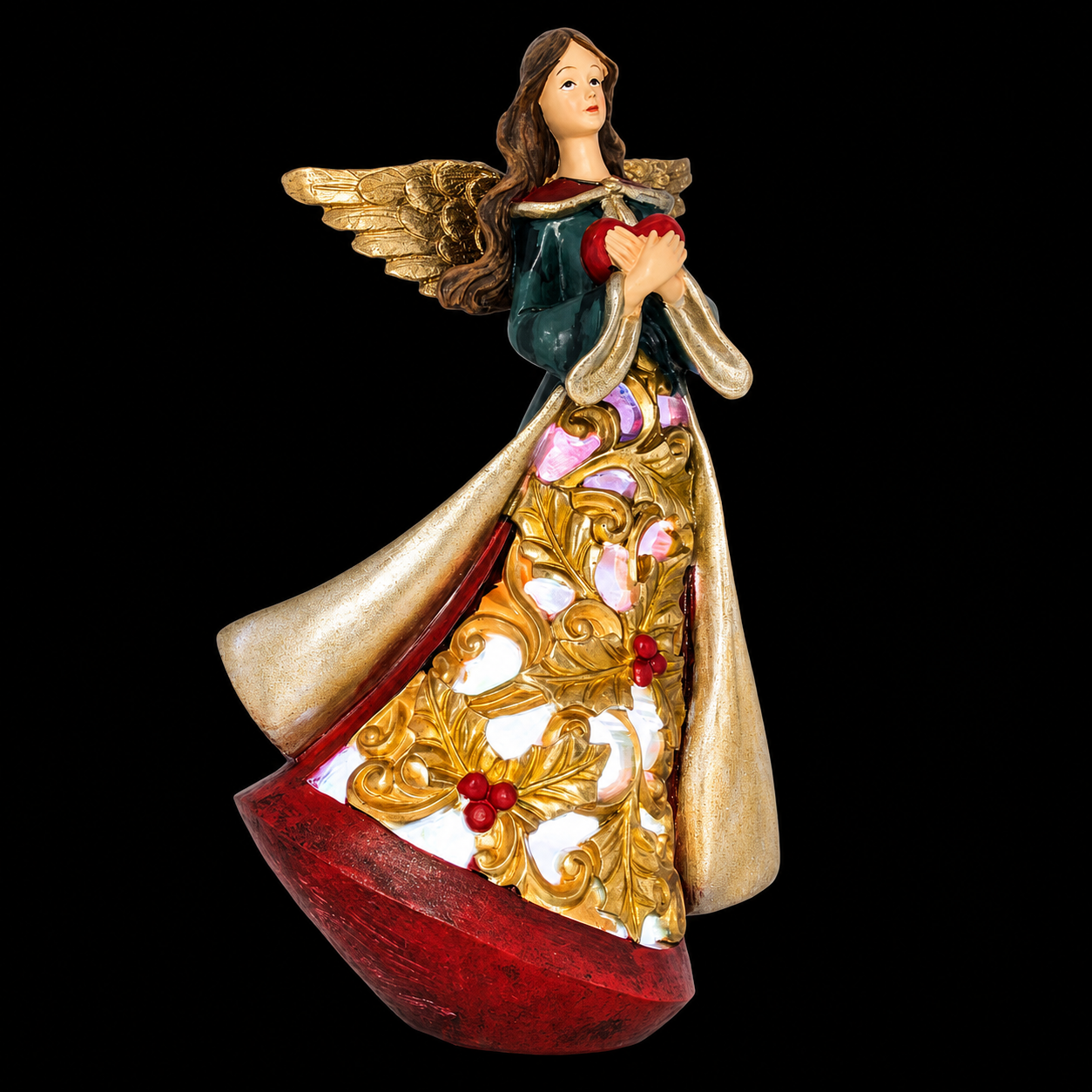 Guardian Angel Holding a Red Heart LED Lights Figurine 11.5 Inches