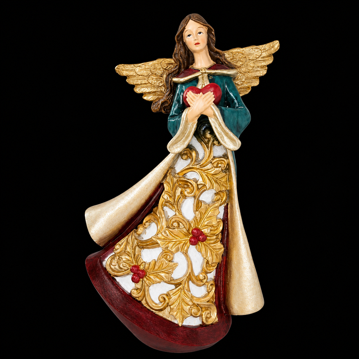 Guardian Angel Holding a Red Heart LED Lights Figurine 11.5 Inches