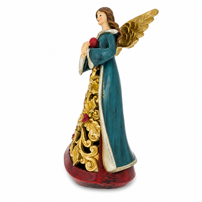 Guardian Angel Holding a Red Heart LED Lights Figurine 11.5 Inches