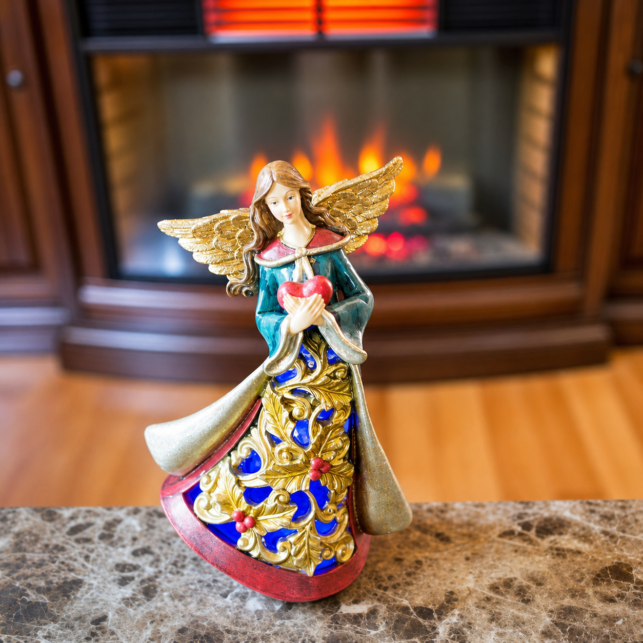 Guardian Angel Holding a Red Heart LED Lights Figurine 11.5 Inches