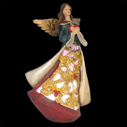 Guardian Angel Holding a Red Heart LED Lights Figurine 11.5 Inches
