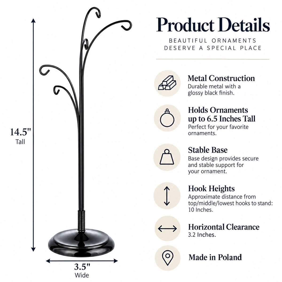 5-Arm Scroll Tree Branches Black Painted Metal Ornament Display Stand 14.5 Inches (Poland)