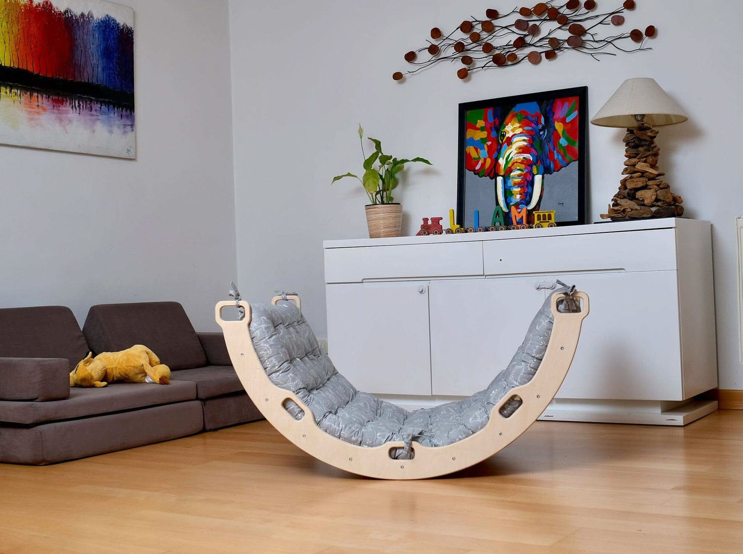 Montessori Arch/Rocker with Gray Dinosaur Pattern Pillow Set