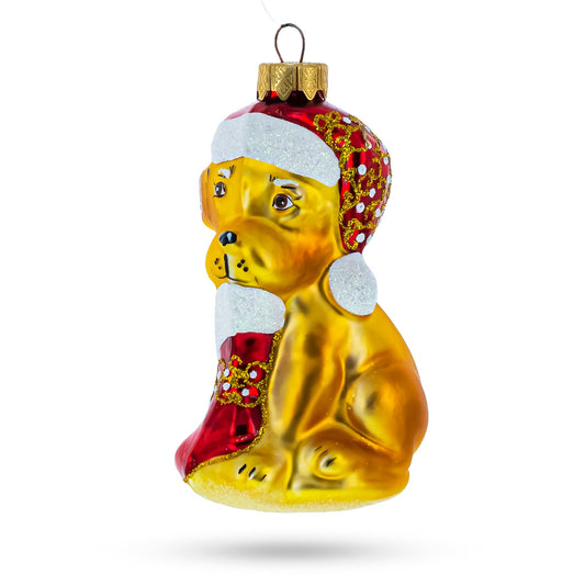 Puppy in Santa Hat with Stocking Glass Christmas Ornament