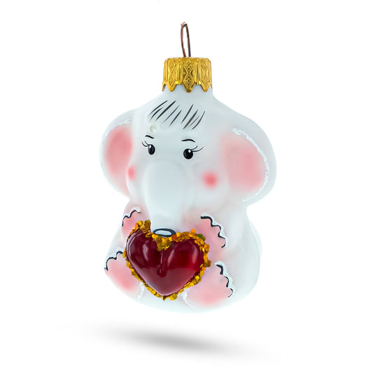 White Elephant with Red Heart Mini Glass Christmas Ornament