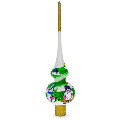 Snowmen on White Glass Christmas Tree Topper 11 Inches