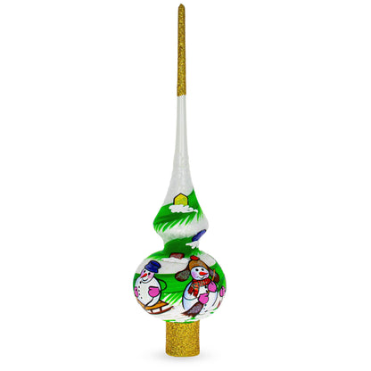 Snowmen on White Glass Christmas Tree Topper 11 Inches