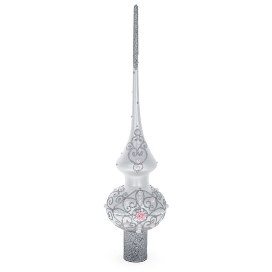 Pink Roses and Pearls on Silver Glass Christmas Tree Topper 11 Inches