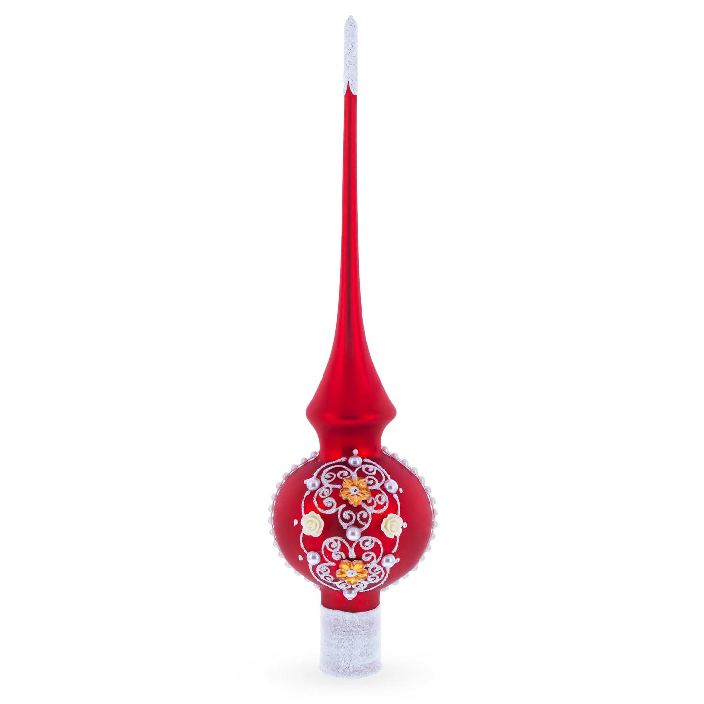 Golden Flowers and Silver Swirls on Red Glass Christmas Tree Topper 11 Inches