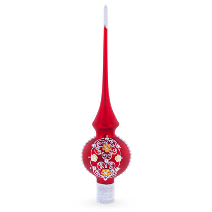 Golden Flowers and Silver Swirls on Red Glass Christmas Tree Topper 11 Inches