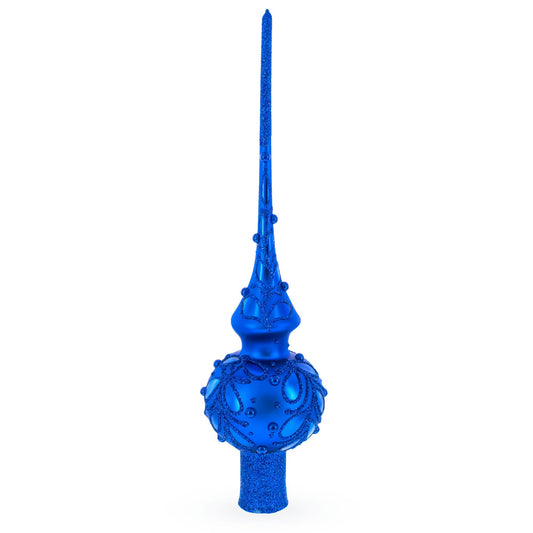 Blue Jewels Scroll on Blue Glass Christmas Tree Topper 11 Inches