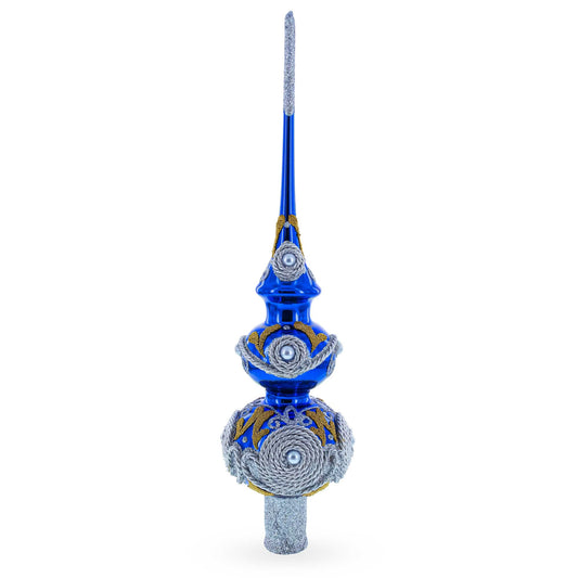 Pearls and Twisted Rope on Double Ball Blue Glass Christmas Tree Topper 12.5 Inches